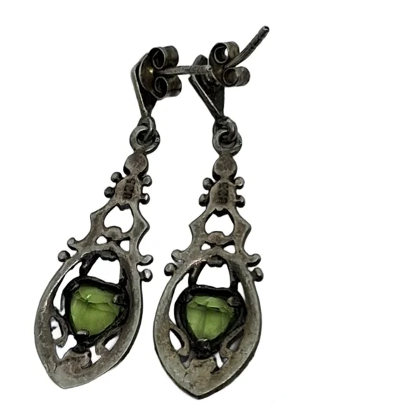 💚 Vintage Sterling Silver Marcasite & Peridot Heart Lock Drop Earrings - Picture 6 of 7